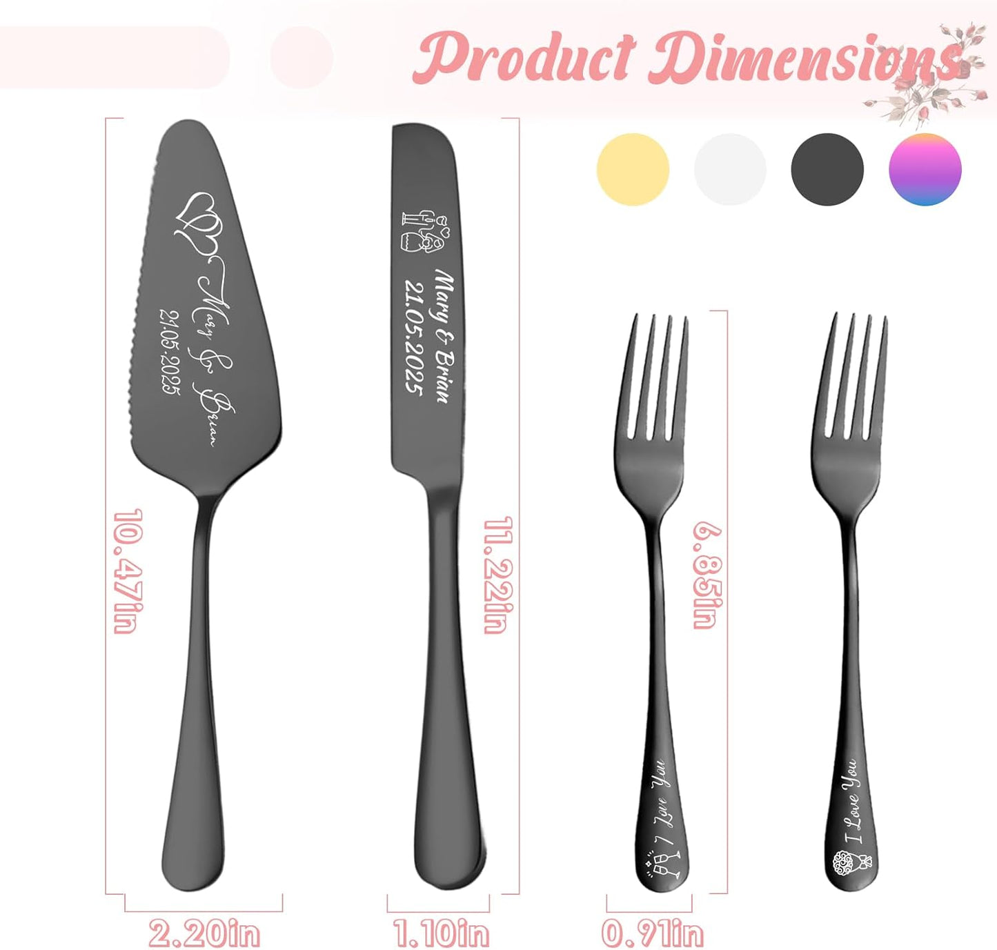 Personalized Cake Cutter Custom Wedding Cake Knife and Server Set Stainless Steel Cake Cutting Set Customize Gifts for Wedding Birthday (Black)