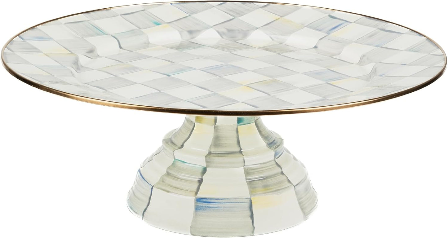 MACKENZIE-CHILDS Enamel Pedestal Platter, Round Cake Stand, Large, Black-and-White Courtly Check