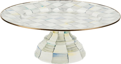 MACKENZIE-CHILDS Enamel Pedestal Platter, Round Cake Stand, Large, Black-and-White Courtly Check