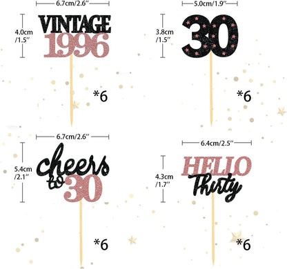 24 PCS Glitter 30th Birthday Cupcake Toppers for Celebrating Thirty Years Old Birthday Party Decorations for 30th Anniversary Party Supplies (Gold)