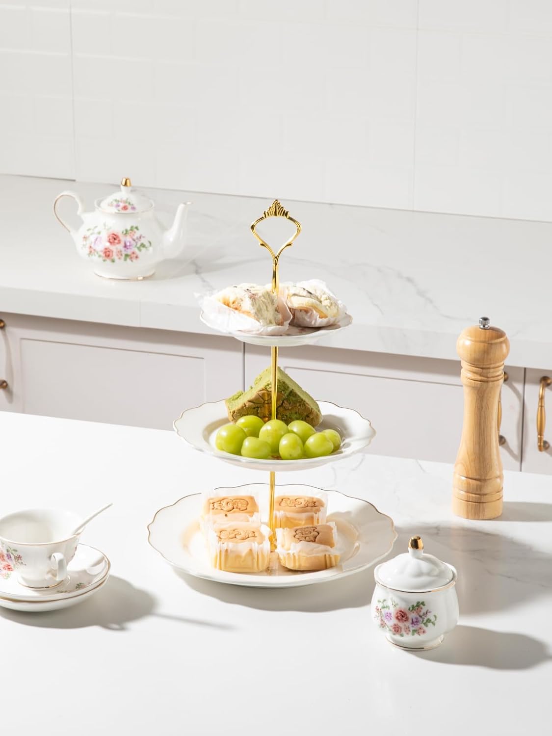 Sweejar 3 Tier Ceramic Cake Stand Wedding, Dessert Cupcake Stand for Tea Party Serving Platter (White)
