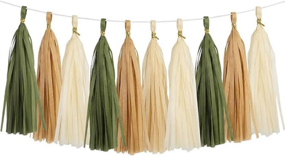 15-Pack Olive Green Brown Tan Cream Tassel Garland Paper Banner Fringe Streamers DIY Kit Woodland Safari Gender Neutral Baby Shower Birthday Nursery Classroom Wall Table Hanging Party Decor