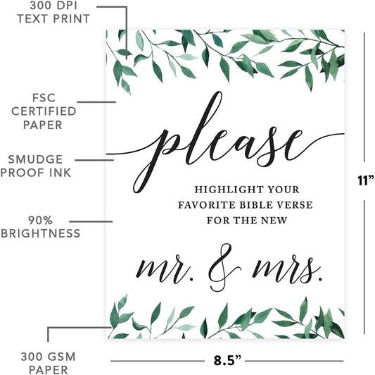 Andaz Press Wedding Party Signs, Natural Greenery Green Leaves, 8.5x11-inch, Bridal Shower Scavenger Hunt, 1-Pack - Colors A