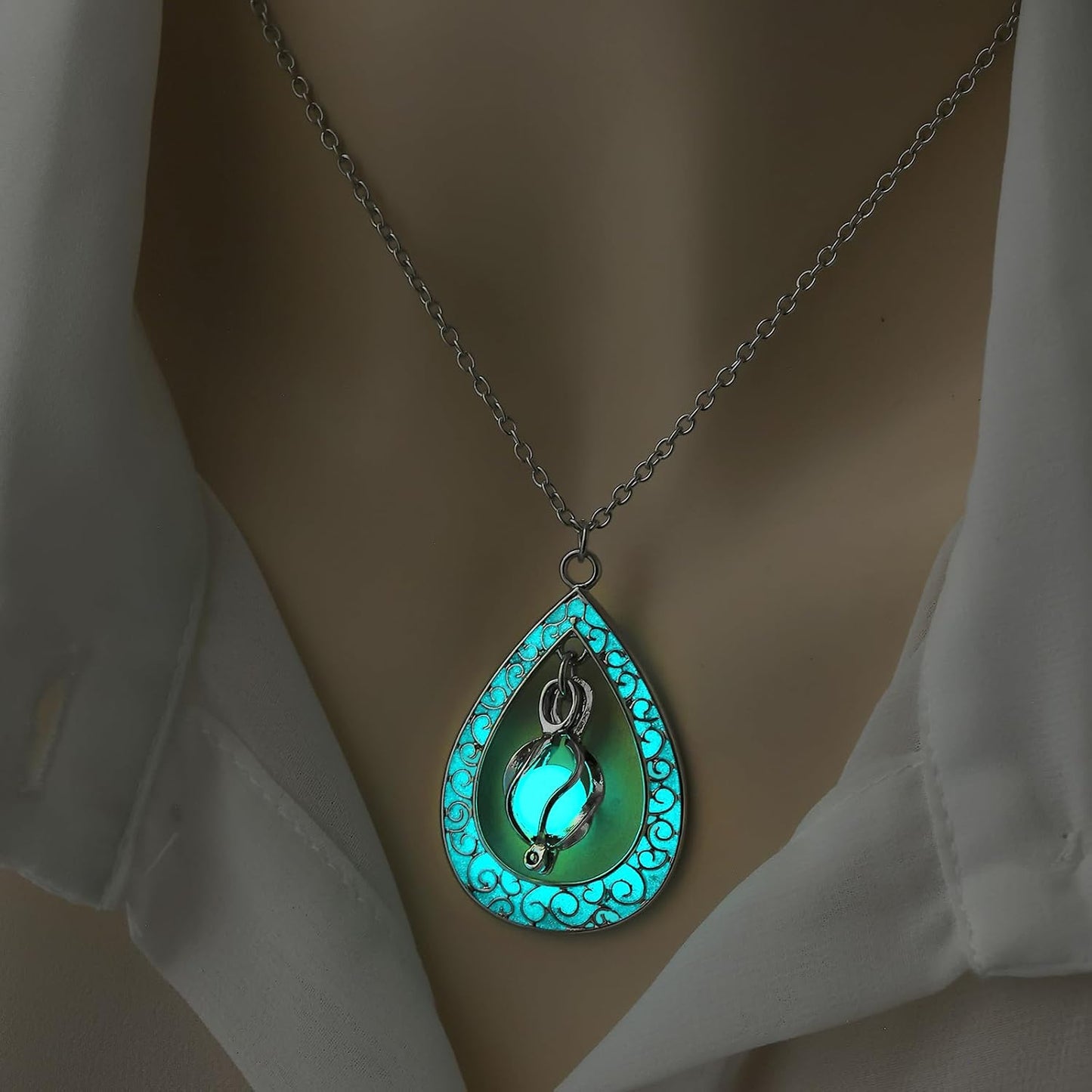 EEQQBZ Glow in The Dark Silver Teardrop shape necklace,Fantasy Glowing Jewelry Charm