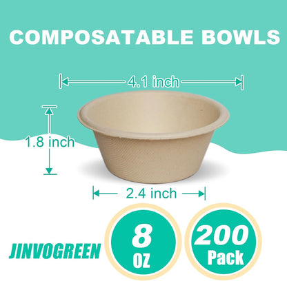 JINVOGREEN 200 Count 12 oz Paper Bowls, Disposable Compostable Bowls Bulk, Heavy Duty Biodegradable Bagasse Bowl for Snacks, Soup, and Salads, White