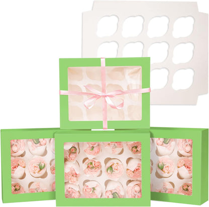 Bakepacker Auto-pop Up Cupcake Boxes with Window White 20PCS 12 Count Cupcake Box 13"x10"x3.5" Cupcakes Carrier, 12 Cupcake Containers with rolls of pink ribbons