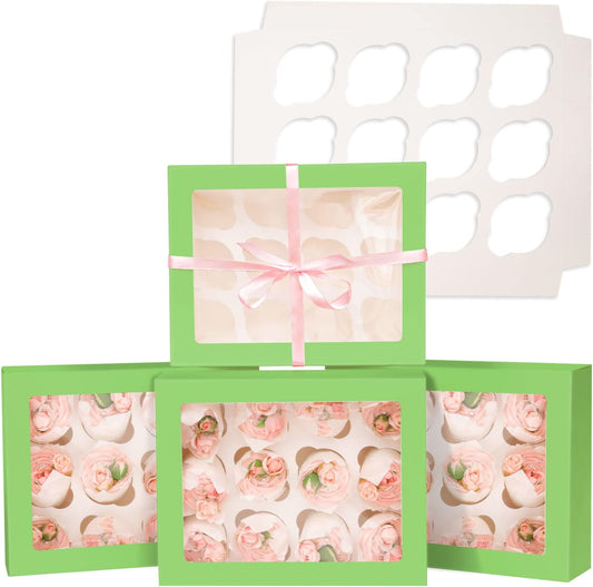 Bakepacker Auto-pop Up Cupcake Boxes with Window White 20PCS 12 Count Cupcake Box 13"x10"x3.5" Cupcakes Carrier, 12 Cupcake Containers with rolls of pink ribbons