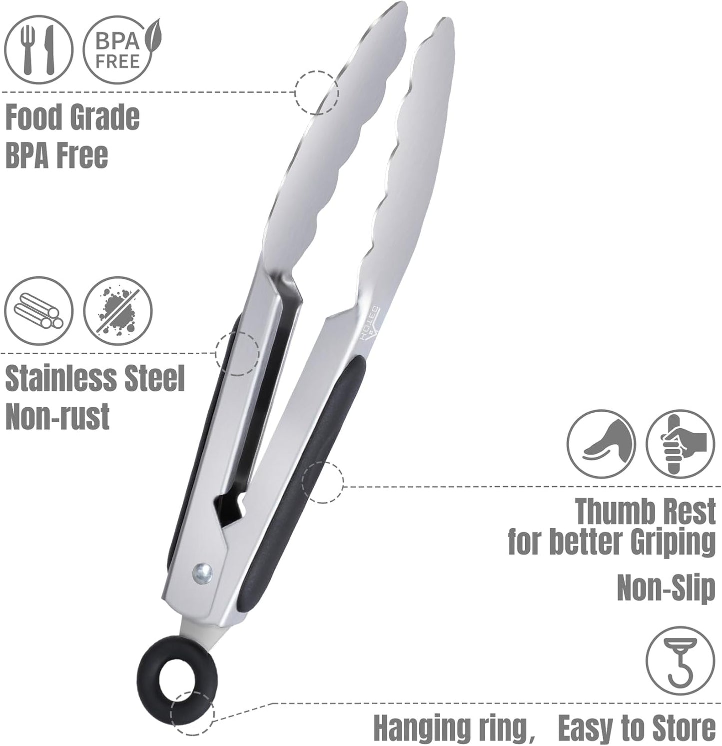Hotec Stainless Steel Kitchen Tongs, Set of 2-9", Locking Metal Food Tongs for Cooking, Serving, BBQ, Grill Non-Slip Grip