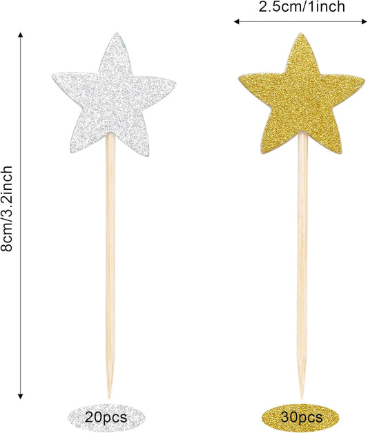 Pistha 50 Pcs Star Cupcake Toppers Glitter Twinkle Star Cupcake Picks for Wedding Baby Shower Birthday Party(Gold,Silver)