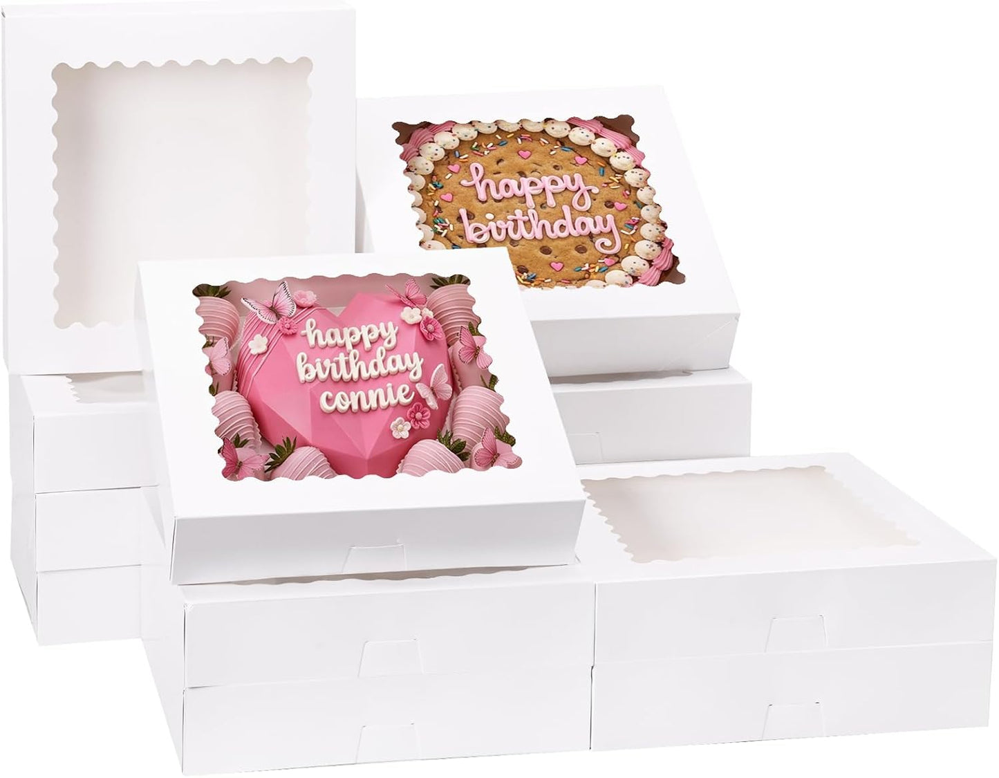 Moretoes 25pcs Pie Boxes, 12x12x2.5 White Bakery Boxes with Window, Auto-Popup Cookie Boxes for Pies, Treat Boxes Dessert Boxes for Pizza, Strawberries, Chocolate, Pastries, Muffins and Donuts