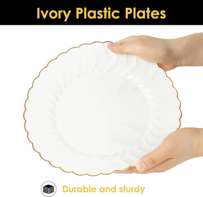 Lullaby 60PCS Ivory Scalloped Plastic Plates with Gold Rim, Disposable Elegant Plates Include 30pcs Dinner Plate 10.25", 30pcs Plastic Dessert Plate 7.5", Perfect for Wedding and Party