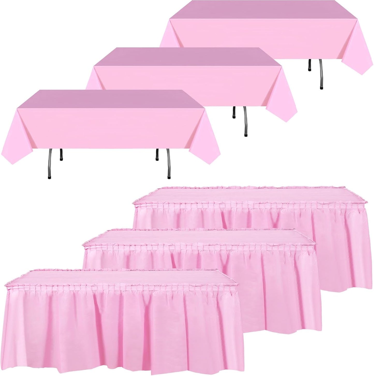 Oudain 6 Pcs Plastic Table Skirts and Stainproof Table Cloths 54 x 108 in Plastic Ruffle Tablecloth 168 x 29 Inches Disposable for Wedding Baby Shower Valentine Spring Easter Party(White)