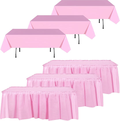 Oudain 6 Pcs Plastic Table Skirts and Stainproof Table Cloths 54 x 108 in Plastic Ruffle Tablecloth 168 x 29 Inches Disposable for Wedding Baby Shower Valentine Spring Easter Party(White)