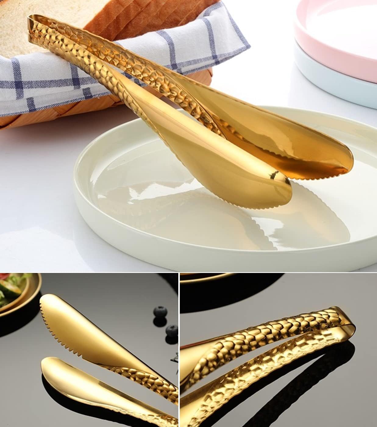 2 Pack 8 Inch Gold Salad Tongs Serving Tongs 8 Inch Stainless Steel Cooking Utensils Non-slip & Easy Grip Metal Tongs Small Tongs for Serving Appetizers Buffet Dessert Table