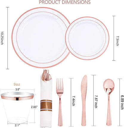 WELLIFE 350-Piece Gold Disposable Plates and Cutlery Set - Premium 10.25" Dinner Plates, 7.5" Dessert Plates, 9oz Cups & Cutlery for Weddings, Catering Events - 50 Guest Service - Elegant & Sturdy