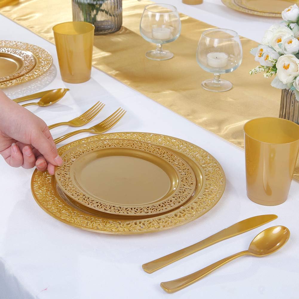 I00000 102 Pieces Gold Plastic Plates, Disposable Party Plates White Gold Rim, 51 Disposable Gold Dinner Plates 10.25 Inch and 51 Disposable Dessert Appetizer Elegant Fancy Wedding Plates 7.5 Inch