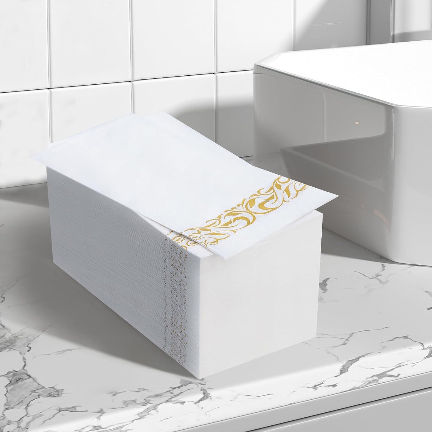 BESTVIP 200 Pack Disposable Paper Napkins, 3-Ply Dinner Napkins with Gold Trim for Guests, Bathroom Paper Hand Towels Soft and Absorbent, Perfect for Kitchen, Dinner, Party, Wedding or Event