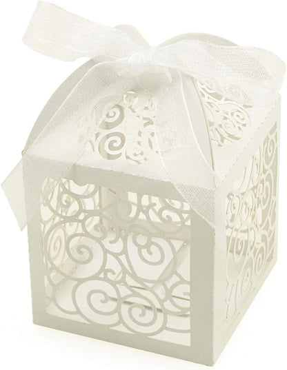 KPOSIYA 100 Pack Wedding Favor Boxes Laser Cut Boxes Party Favor Box Small Gift Boxes Lace Candy Boxes for Wedding Bridal Shower Baby Shower Birthday Party Anniverary with Ribbons (Pink, 100)