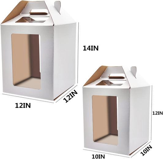 KBG Tall Cake Boxes with Window, Tiered Cake Boxes 10x10x12 & 12x12x14 Inch, Cake Carrier with 2 Cake Boards, Disposable Containers for 10 & 12 Inch