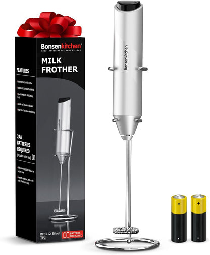 Bonsenkitchen Powerful Milk Frother for Coffee, Fast Handheld Drink Mixer with Stainless Steel Whisk, Battery Operated Hand Frother Stirrer Wand-Black