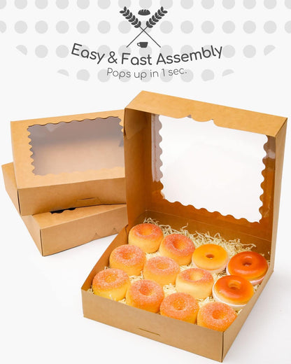 qiqee 8x8x2.5 Inch White Pastry Box With Window Donut Pie Boxes 12pcs Bakery Box (Auto-pop Up)