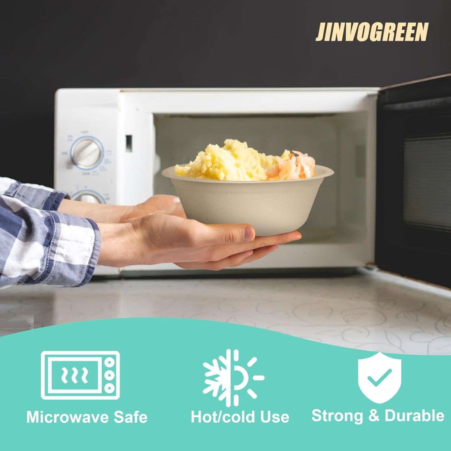 JINVOGREEN 200 Count 12 oz Paper Bowls, Disposable Compostable Bowls Bulk, Heavy Duty Biodegradable Bagasse Bowl for Snacks, Soup, and Salads, White