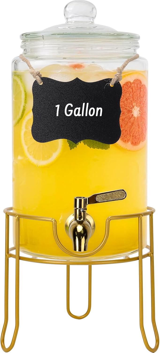 DHSBTLS 1.5 Gallon Glass Drink Dispensers, Round Beverage Dispenser for Party, BBQ and Picnic, Clear Airtight Juice Dispenser with Golden Stand, Stainless Steel Spigot, Markers and Chalkboard