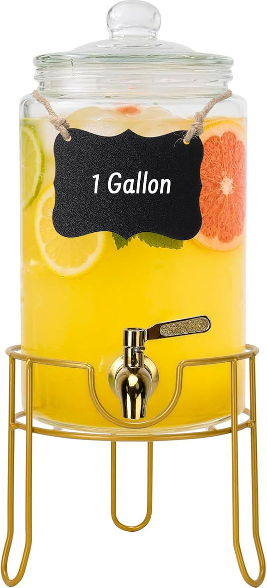 DHSBTLS 1.5 Gallon Glass Drink Dispensers, Round Beverage Dispenser for Party, BBQ and Picnic, Clear Airtight Juice Dispenser with Golden Stand, Stainless Steel Spigot, Markers and Chalkboard