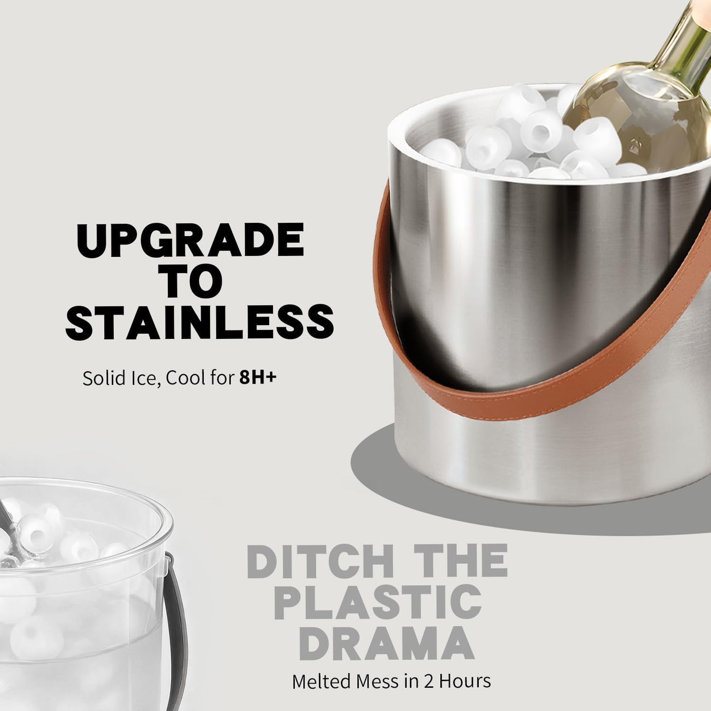 Bakpoco Double-Wall Vacuum Insulated Ice Bucket with Lid, Scoop, Ice Tong, Strainer & Leather Handle Keep Ice Frozen Longer Large Wine Ice Buckets for Cocktail Bar,Parties Chilling Beer Champagne 3L