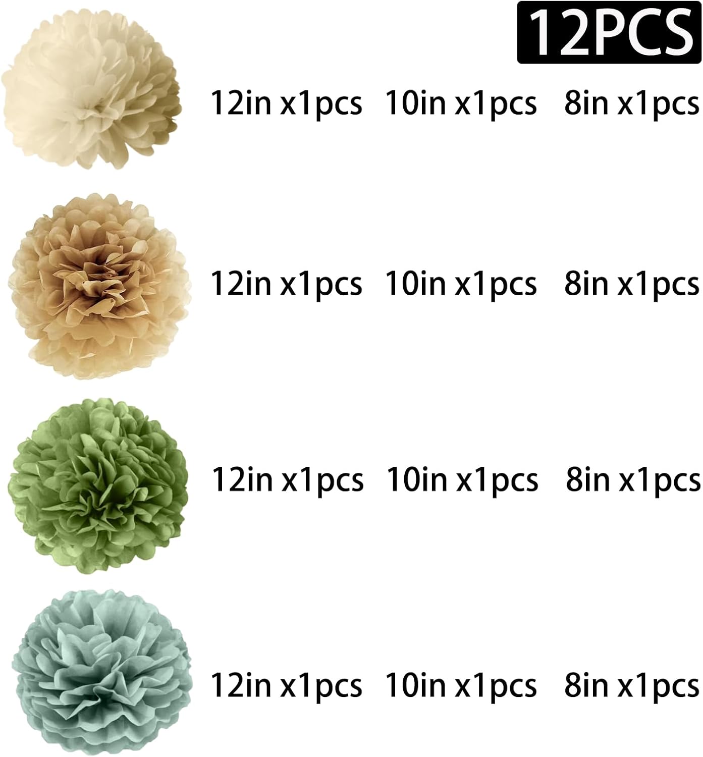 Yucenora 12 PCS Boho Paper Pom Poms, Sage Green Cream Tissue Paper Flowers Decorations Wall Hanging for Wedding, Birthday, Bridal Shower Decor(Sage Green)