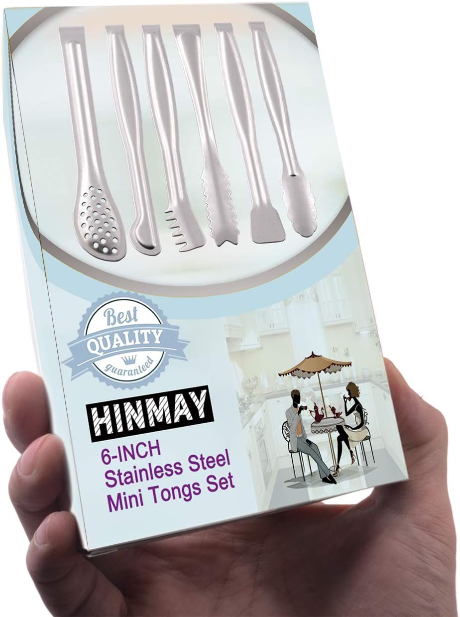 HINMAY Gold Plated Mini Serving Tongs Set 6-Inch Appetizers Tongs Stainless Steel Small Sugar Cube Tongs Ice Tongs, Set of 6
