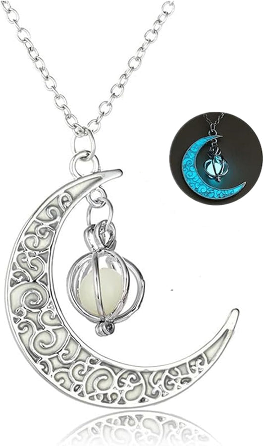 Glow in The Dark Silver Crescent Moon and Orb Necklace - Glowing Blue Moon Charm - Magical Fantasy Fairy Glowing Necklace - Glow Jewelry (blue-green)