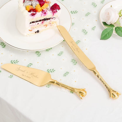 Cake Cutting Set for Wedding, Personalized Gold Cake Knife and Server Set, Custom Cake Serving Set, Engraved Pastry Pie Server Cake Pizza Cutter, Birthday Bridal Gift (F-Classic)