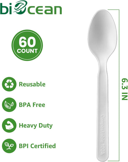 450 Counts Compostable Forks Spoons Knives Set Disposable Forks Utensils Heavy Duty Silverware Eco Friendly Flatware for Party Camping Picnics White forks spoons and knives set