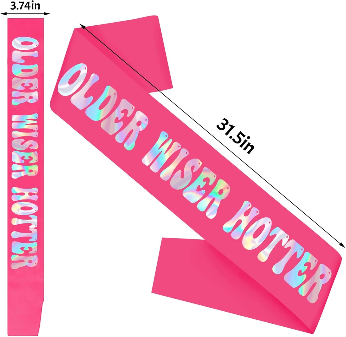 Older Wiser Hotter Sash with Iridescent Foil, Hot Pink Funny Birthday Sash for Women 30th 40th 50th 60th 70th 80th Birthday Party Decorations Sign Gift(Hot Pink + Iridescent )