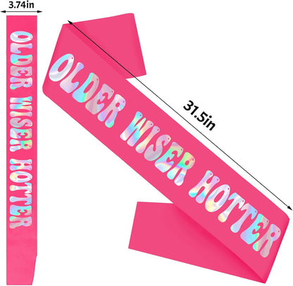 Older Wiser Hotter Sash with Iridescent Foil, Hot Pink Funny Birthday Sash for Women 30th 40th 50th 60th 70th 80th Birthday Party Decorations Sign Gift(Hot Pink + Iridescent )