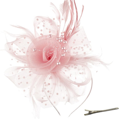 DRESHOW Fascinators Hat Flower Mesh Ribbons Feathers on a Headband and a Clip Tea Party Headwear for Girls and Women - Colors B