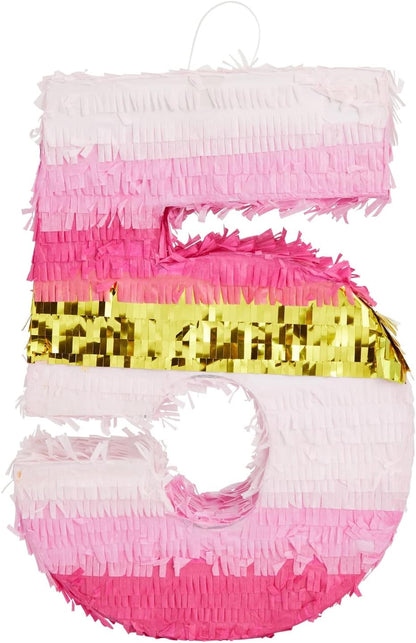 Number 5 Pinata, Pink and Gold Foil for Girls 5th Birthday Party Decorations (Small, 16.5 x 11.6 x 3 In)
