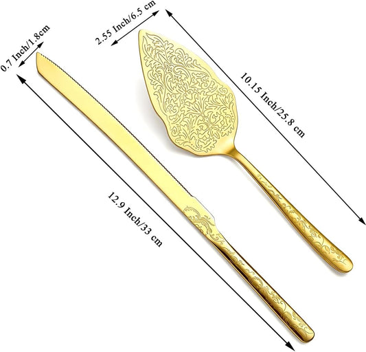 Berglander Gold Wedding Cake Knife and Server Set, Titanium Gold Plating With Unique Pattern Design Cake Cutter Serving Set Perfect For Wedding, Birthday, Parties and Events Dishwasher Safe