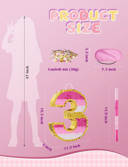 Number 5 Piñata with Stick, Blindfold & Confetti-Pink Piñata for Birthday Parties, Complete Party Game Set for Kids Girls-Gradient Pink Birthday Decor with Fillable Design(Small, 16.5 x 11.5 x 3 In)