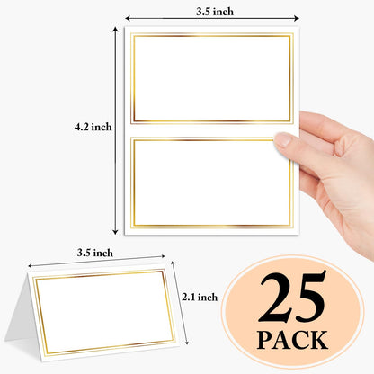 Gold Foil Border Place Cards, Set of 25 Tent Name Cards for Table Setting, Food Label for Wedding, Baby Shower, Birthday Dinner Party Supplies -010