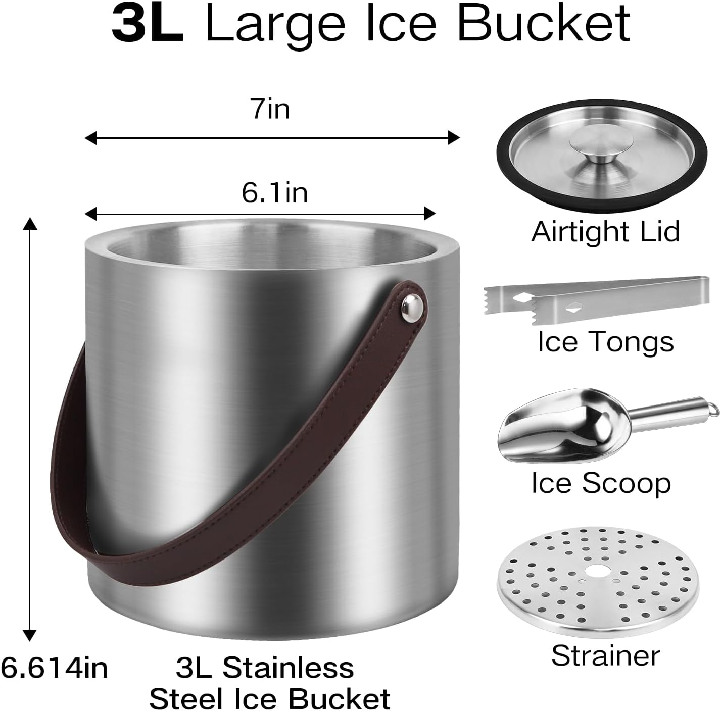 Bakpoco Double-Wall Vacuum Insulated Ice Bucket with Lid, Scoop, Ice Tong, Strainer & Leather Handle Keep Ice Frozen Longer Large Wine Ice Buckets for Cocktail Bar,Parties Chilling Beer Champagne 3L
