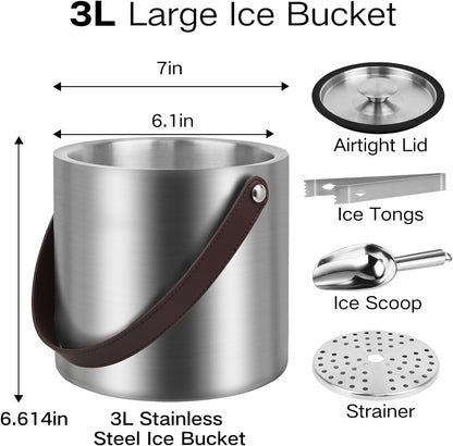 Bakpoco Double-Wall Vacuum Insulated Ice Bucket with Lid, Scoop, Ice Tong, Strainer & Leather Handle Keep Ice Frozen Longer Large Wine Ice Buckets for Cocktail Bar,Parties Chilling Beer Champagne 3L