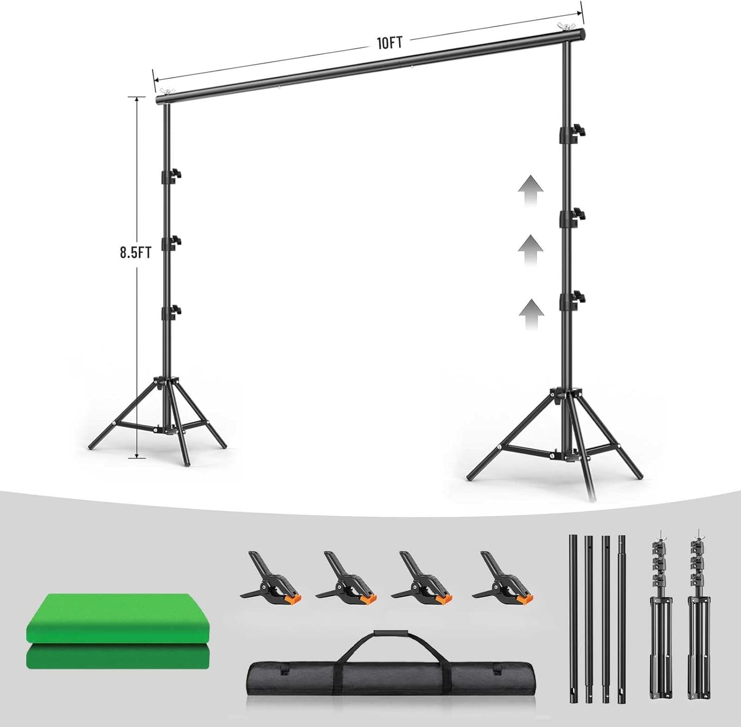 BEIYANG 8.5X10 FT Photo Background Stand with 10X12 FT Black Backdrop Screen, Adjustable Background Holder Support System Kit for Photography Video, Parties Decoration with Carry Bag & Clamps