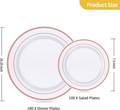 Goodluck 200PCS Gold Plastic Plates, Heavy Duty Disposable Gold Plates with 100 10.25 inch Dinner Plates and 100 7.5 inch Dessert Plates for Party, Holiday, Wedding, Thanksgiving