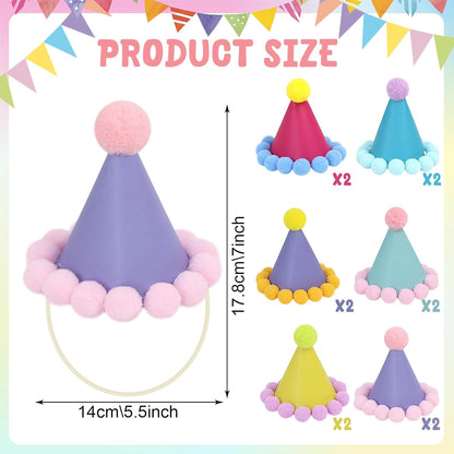 12 Pack Mini Party Hats for Stuffed Animals, Mini Hats with Pom Poms Dog Birthday Party Hats for Dolls Dog Cat Pet Birthday Decoration