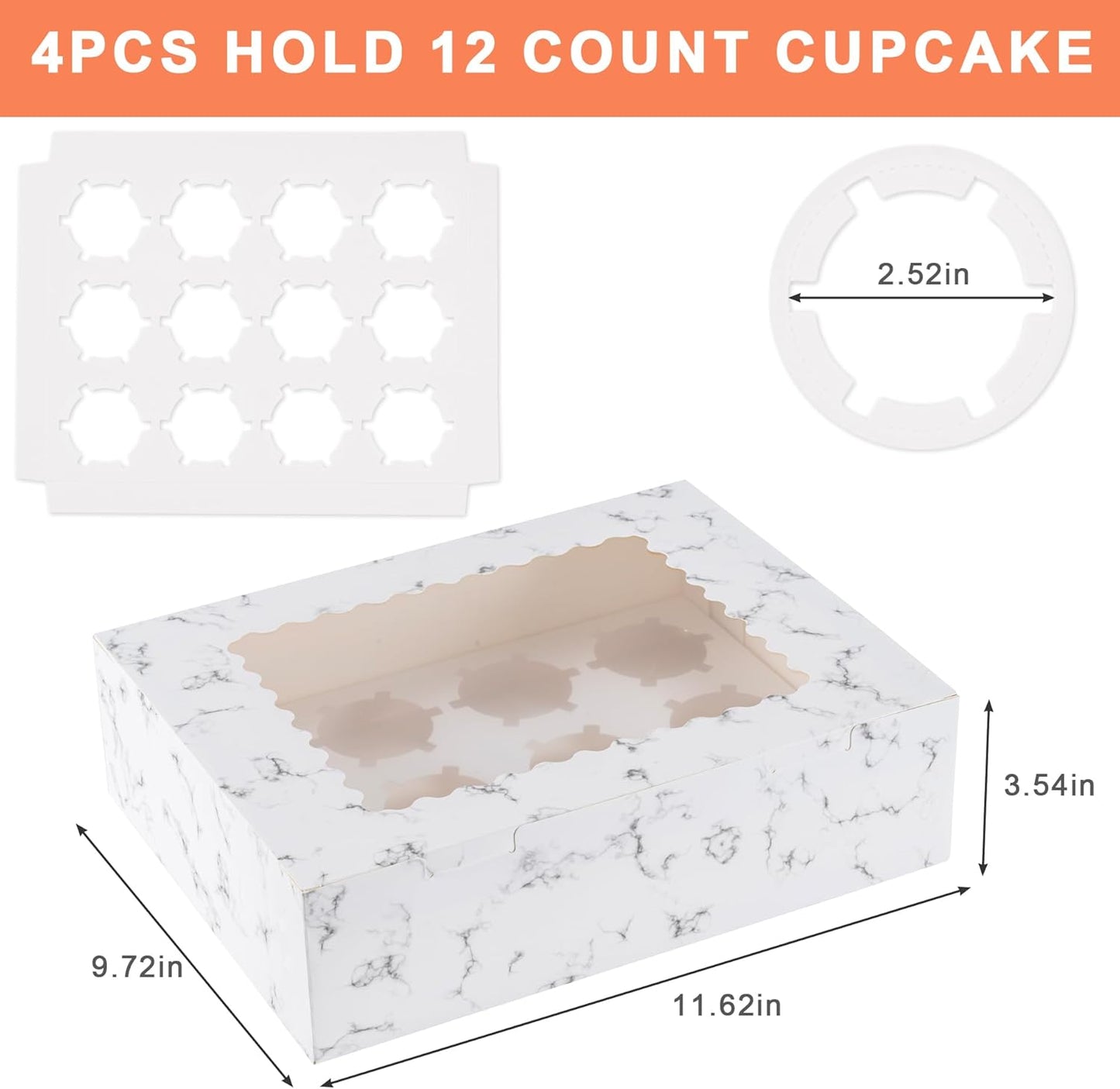 12 Count Cupcake Boxes, 4PCS Cupcake Container with Window, Food Grade Cupcake Holder for Birthday Holiday Party, Bakery Supplies for Cupcakes, Desserts, and More
