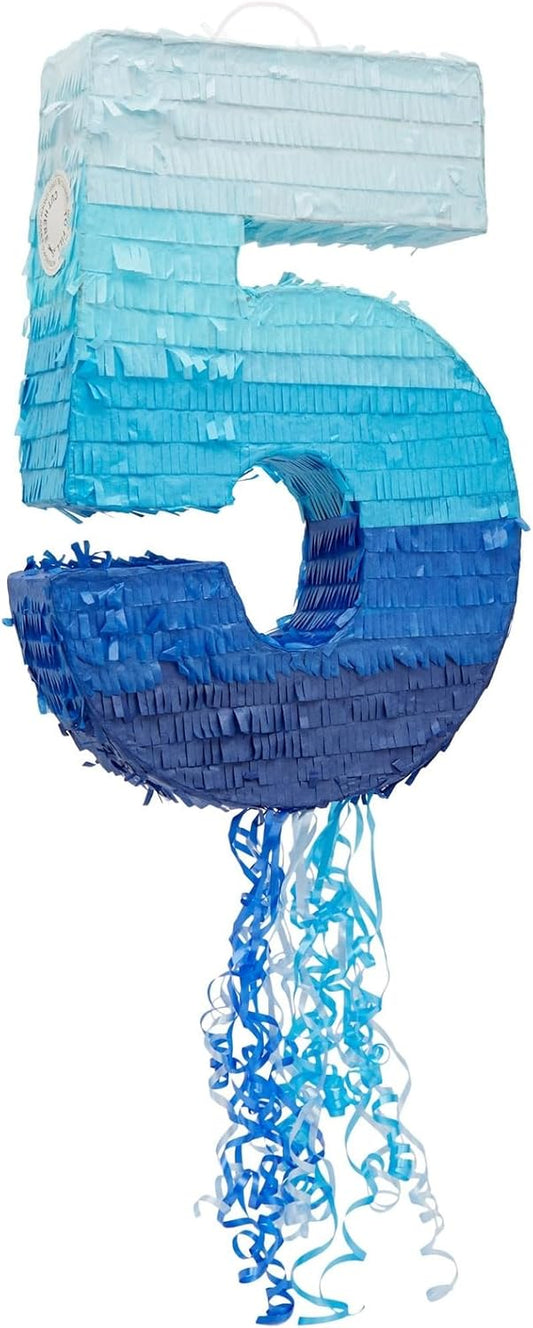 BLUE PANDA Pull String Pinata - Corrugated & Number 4 Pinata - Ombre Blue Tissue & 4 Year Old Birthday Decor - Easy Fill & 4 Year Old Boy Fun - Number 4, Ombre Blue - 16.5 x 12 x 3 in