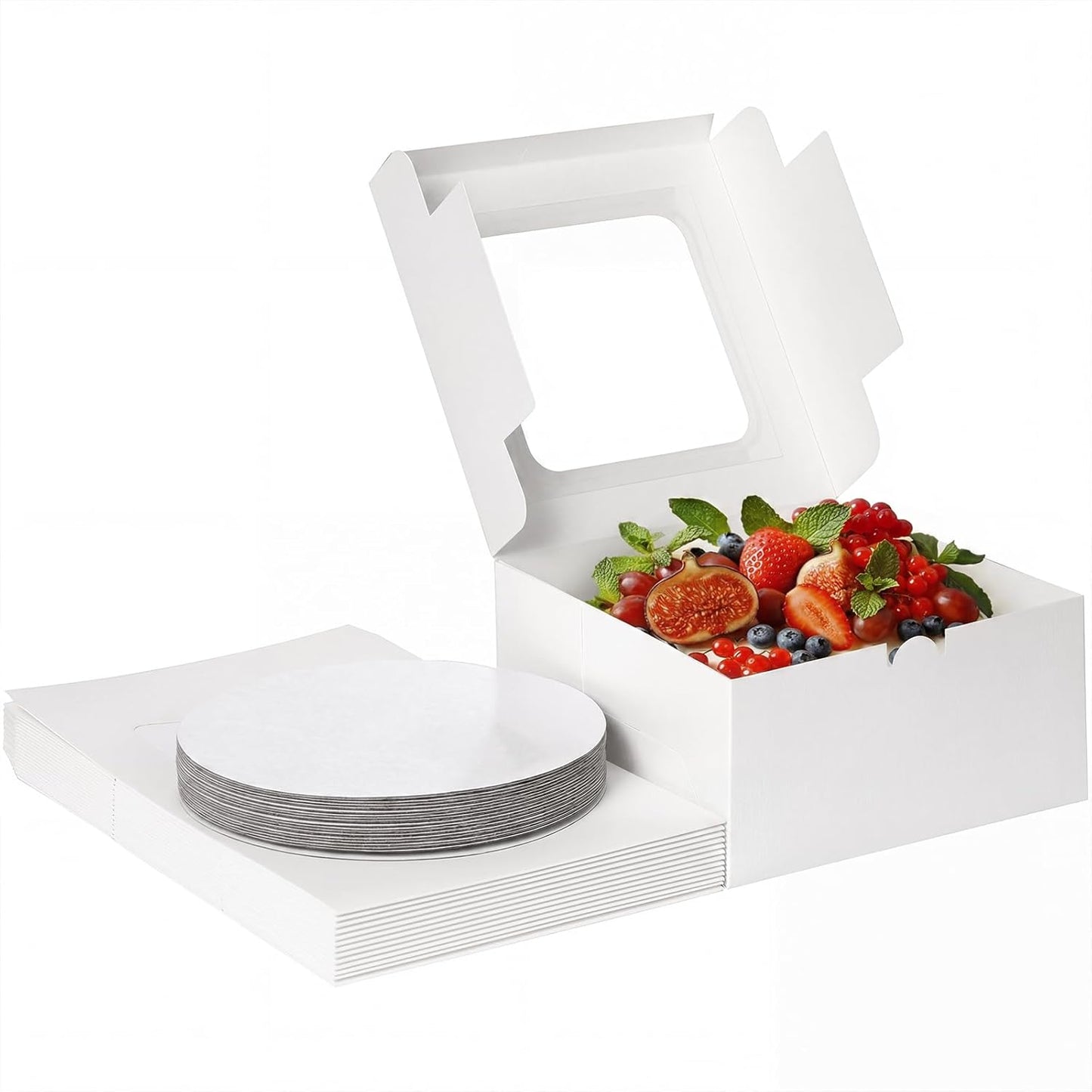 Moretoes 15 Sets Cake Boxes, 10x10x5 Inches Bakery Boxes with Cake Boards, 10 Inch with Stickers Disposable Cake Containers with Lids for Valentine's Day Mother's Day Cheesecake, Cakes
