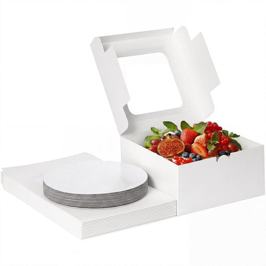 Moretoes 15 Sets Cake Boxes, 10x10x5 Inches Bakery Boxes with Cake Boards, 10 Inch with Stickers Disposable Cake Containers with Lids for Valentine's Day Mother's Day Cheesecake, Cakes